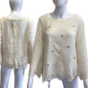 Anthropologie Arrata Silent Journey Sheer Beaded Embroidered Crochet Lace Top M